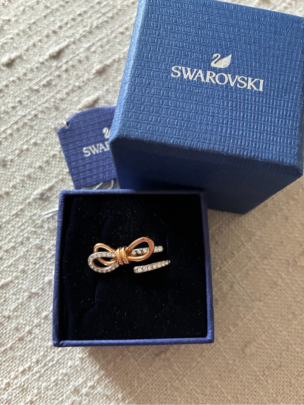 Swarovski Rose Gold & Silver Crystal Bow Ring - Size 60